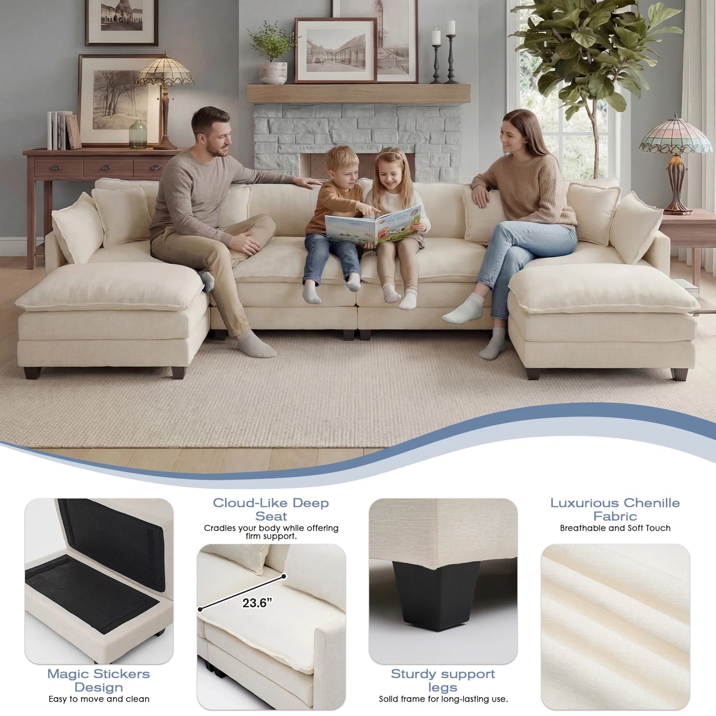 113.4" Modular Sectional Sofa with Ottoman, Comfy Cloud Couch with Deep Seat (23.6" D), Solid Wood Frame, for Living Room