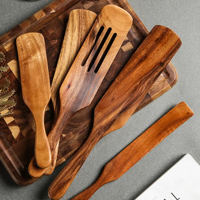 1-10 PC Wooden Cooking Spoons,  Smooth Teak Wooden Utensils,  Non-Stick Wooden Cooking Utensils –
