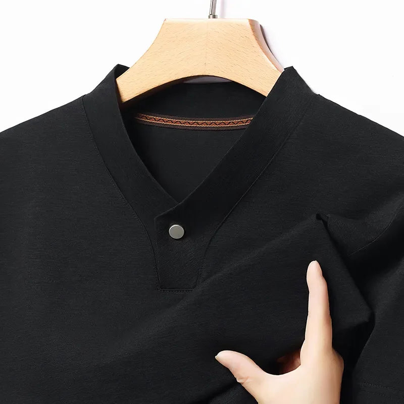 2026 Men's Casual and Fashionable One Button V-neck,  Solid Colors to choose from,  Short Sleeved T-shirt for Summer.