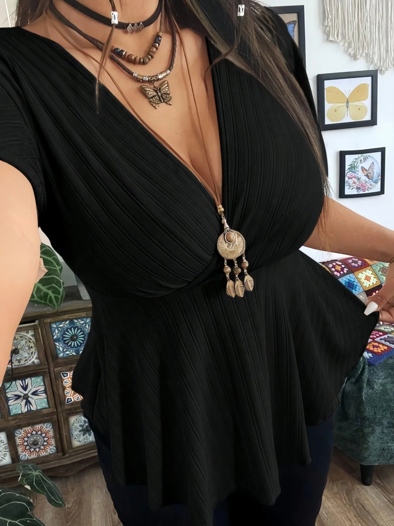 Plus Size (0XL though 6XL),  Ribbed Knit Tops  with Deep V Neck,  Flutter Sleeve, Peplum Blouse with  Curved Hem .