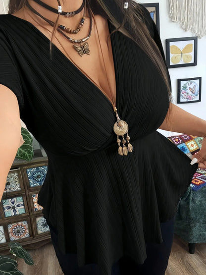 Plus Size (0XL though 6XL),  Ribbed Knit Tops  with Deep V Neck,  Flutter Sleeve, Peplum Blouse with  Curved Hem .
