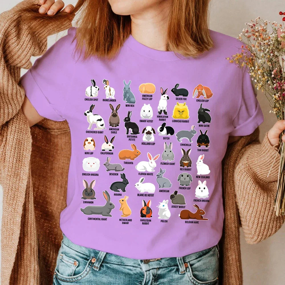 Bunny Summer Women's T-shirt,  Types of Rabbits , Print Tops,  Short-sleeved Casual Ladies Tees, O-neck
