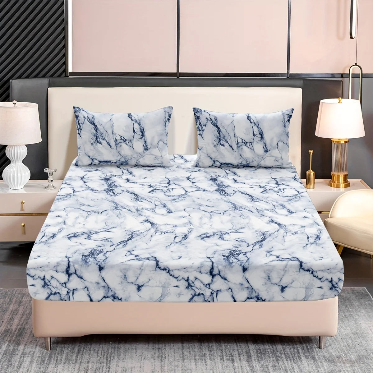 3-Piece Marble Print Fitted Sheet Set - Ultra Soft, Breathable Microfiber Fabric, Hypoallergenic, Wrinkle-Resistant, Easy Care -