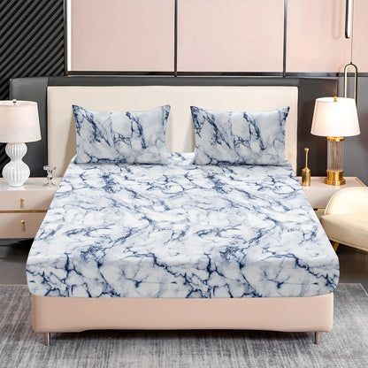 3-Piece Marble Print Fitted Sheet Set - Ultra Soft, Breathable Microfiber Fabric, Hypoallergenic, Wrinkle-Resistant, Easy Care -