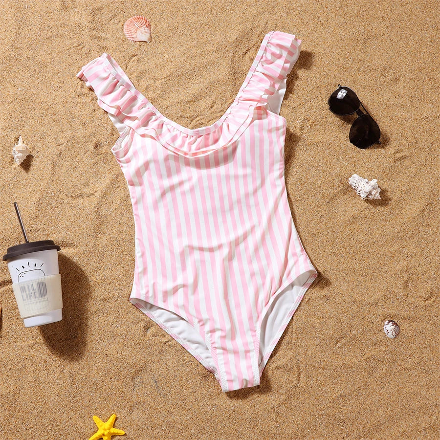 Mother- Daughter Matching Swimwear,  Ruffled and  Striped Mommy and Me Swimsuits.One-Piece Womens/ Girls Dresses