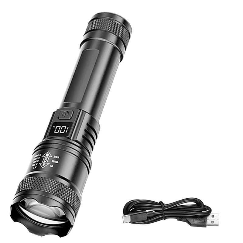 Rechargeable LED Flashlight Zoomable Torch with LCD Display, 3 Modes Waterproof High Power Hand Light, Outdoor Wilderness Camping