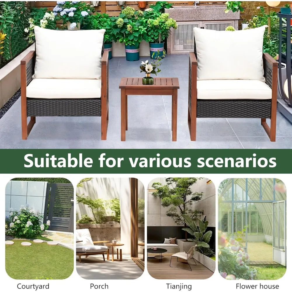 Outdoor Patio Furniture Set, Modern Rattan Bistro Conversation Set with Acacia Wood Frame, Coffee Table, Water-Resistant Cushions