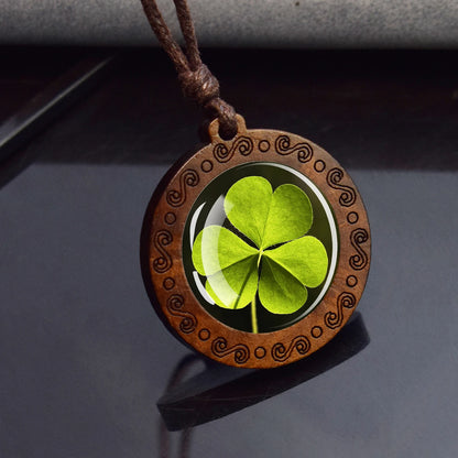 Four Leaf Clover Glass Dome Wooden Pendant Necklace,  Rope Chain,  Retro Jewelry,  St.Patrick's Day Gift