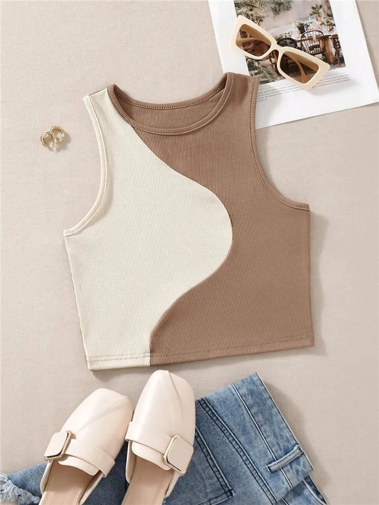 Women's Ribbed Knit Tan Tank Top O-neck Sleeveless Cute Baby Tee, Summer Patchwork Color Block Crop Top T Shirt.  Tan color ONLY available S, M, L.  Pink is OUT-OF-STOCK.