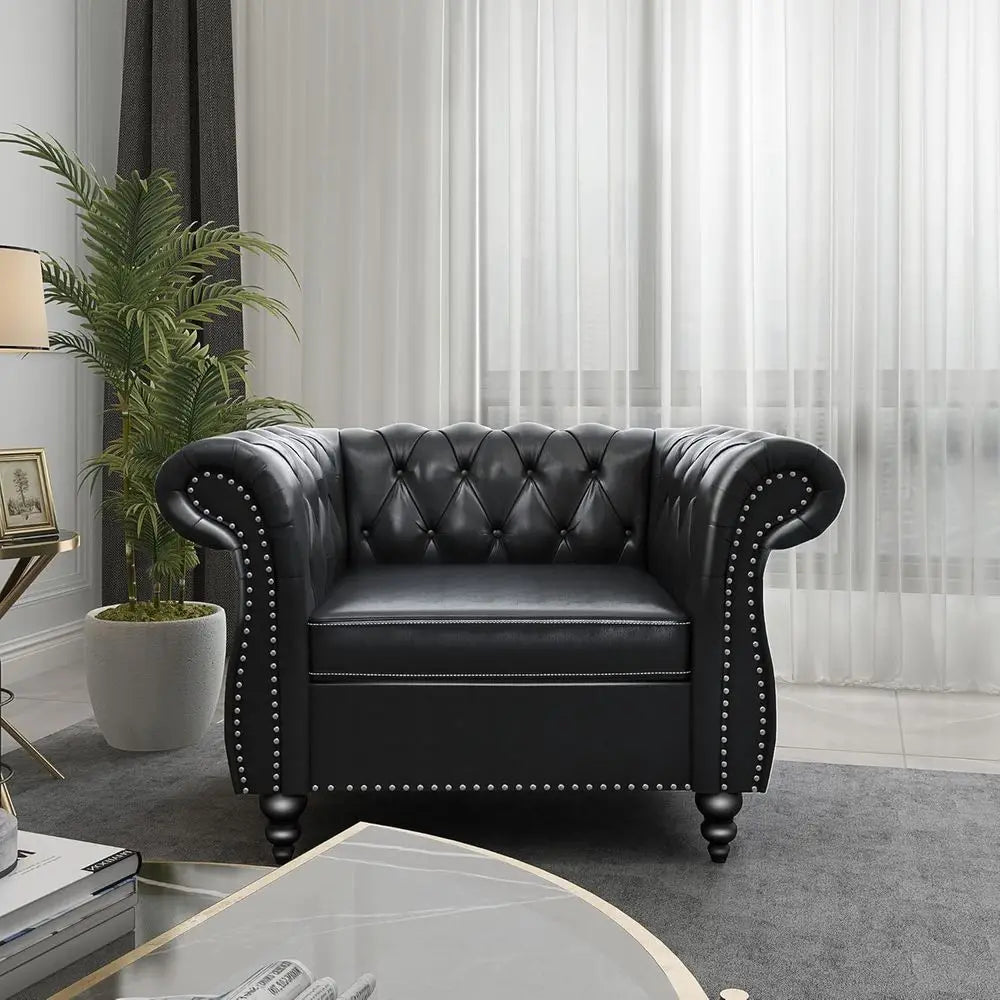 Leather Chesterfield Sofa Set with Scroll Arms and Black Ottoman for Living Room