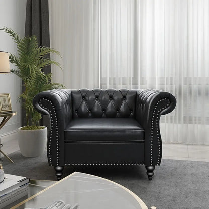 Leather Chesterfield Sofa Set with Scroll Arms and Black Ottoman for Living Room