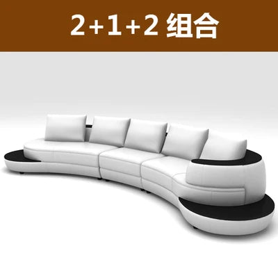 Luxury Modern Curved Genuine Leather Sofa Sectional Couch.   White and Black Design Living Room,  Contemporary Home Decoration