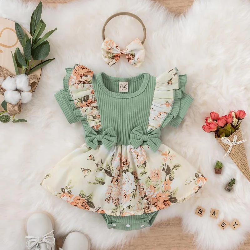Summer Baby Girl Dress With Bowknot. Striped Jumpsuit, Cotton Dress For Newborn, Floral Clothes for Baby, Crawling Clothes