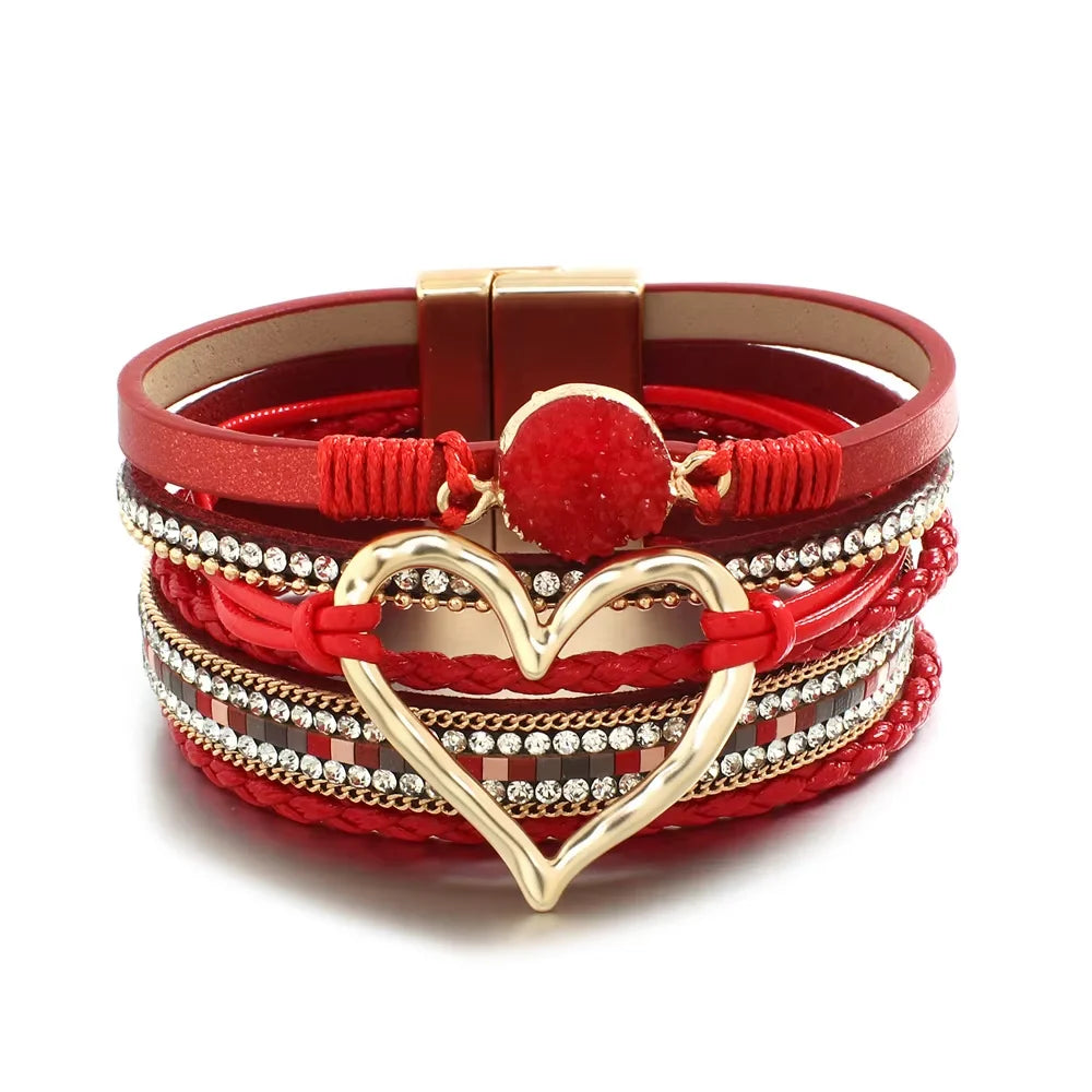 Metal Love Heart Charm,  Leather Bracelets for Women, Fashion Rhinestone Braided Wrap Bracelet , Bangle Female Jewelry Gifts