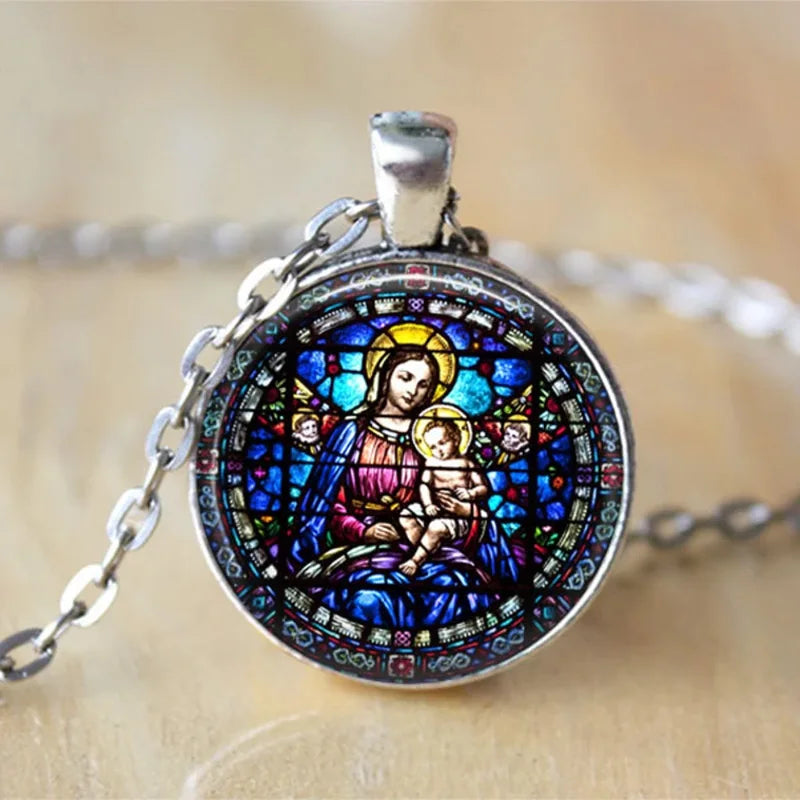 The Holy Family Glass Pendant Necklace,  Catholic Saint Joseph,  Virgin Mary,  Jesus Necklace