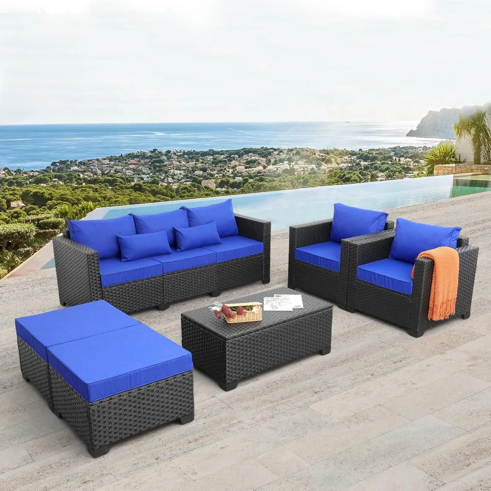 6 Pieces Patio Wicker Furniture Set,  Outdoor PE Rattan Conversation Couch,  Sectiona, l Chair /Sofa Set with Royal Blue