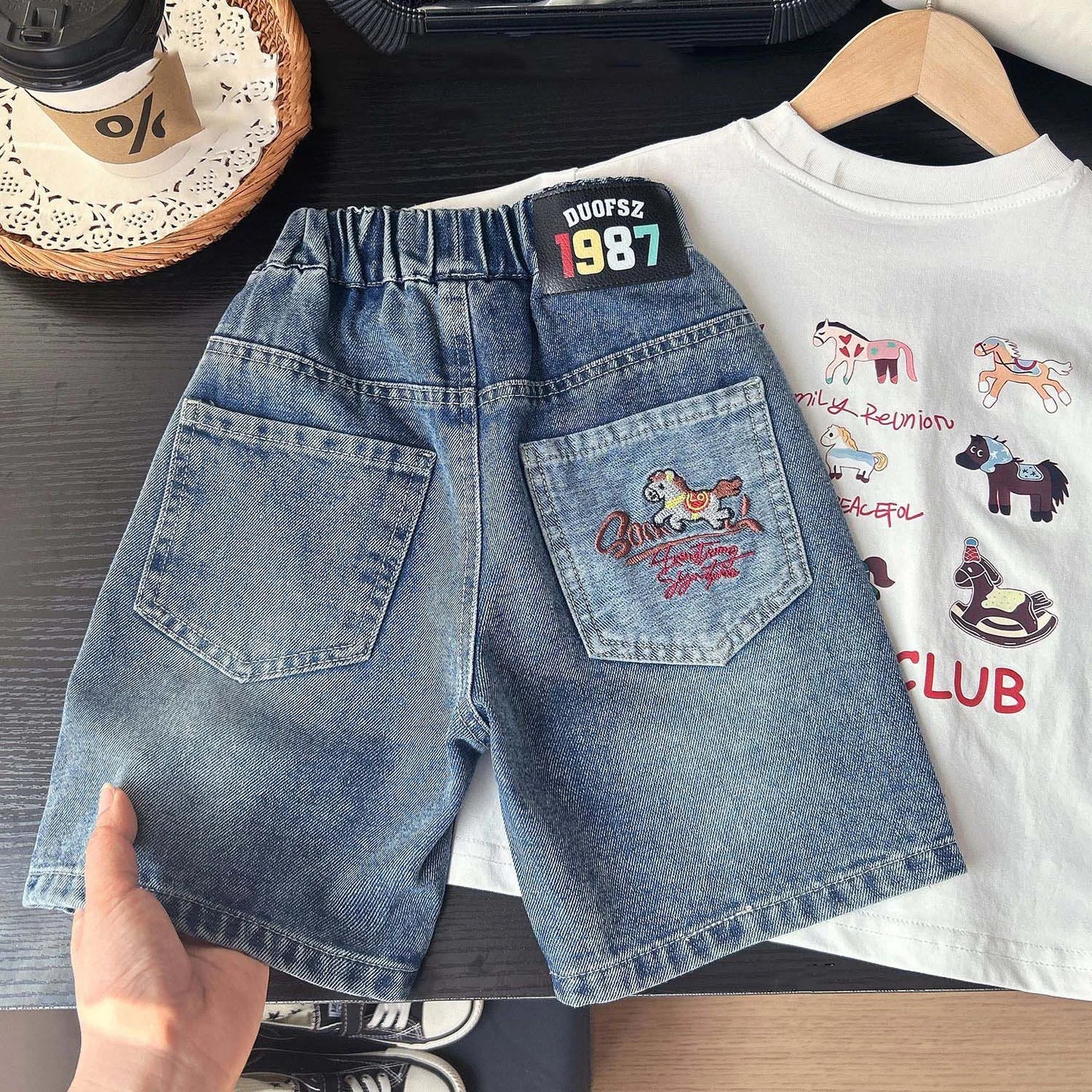 Summer Boys Shorts, Cartoon Embroidery, Boys Denim Shorts Water Wash, 2-10Yrs Boys Horse Pocket Jeans