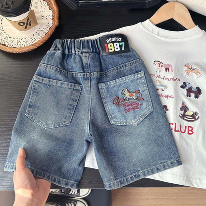 Summer Boys Shorts, Cartoon Embroidery, Boys Denim Shorts Water Wash, 2-10Yrs Boys Horse Pocket Jeans