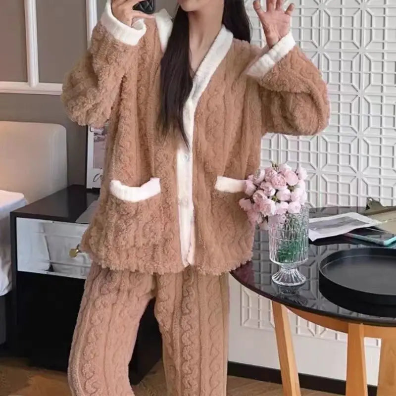 Leisure  with Autumn/Winter Women's Warm Velvet Pajamas with ,Loose Round Neck Elastic Top, Warm Wool Elastic Waist and Tight Leg Pants Set