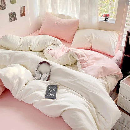 Solid Bed Linen Cotton Bedding Set 4pcs with Sheet Duvet Cover,  Pillowcases, Single/  Couple Bedsheet Single / Couple Twin Size
