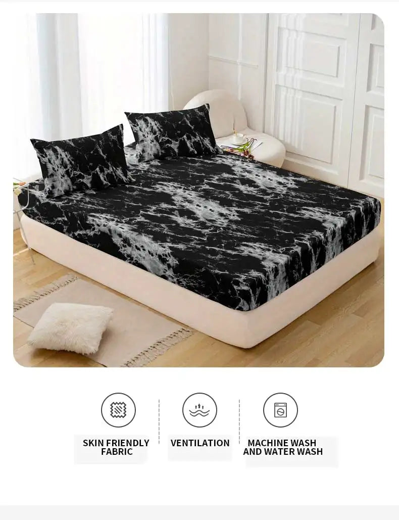 3-Piece Marble Print Fitted Sheet Set - Ultra Soft, Breathable Microfiber Fabric, Hypoallergenic, Wrinkle-Resistant, Easy Care -