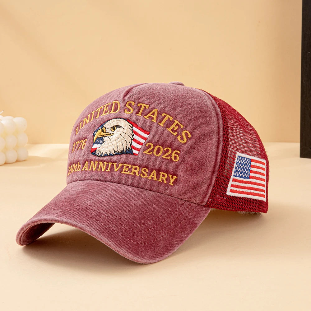 United States 250th Anniversary,  1776-2026 Bald Eagle Embroidered,  Washed Mesh,  American Flag , Adjustable Baseball Cap