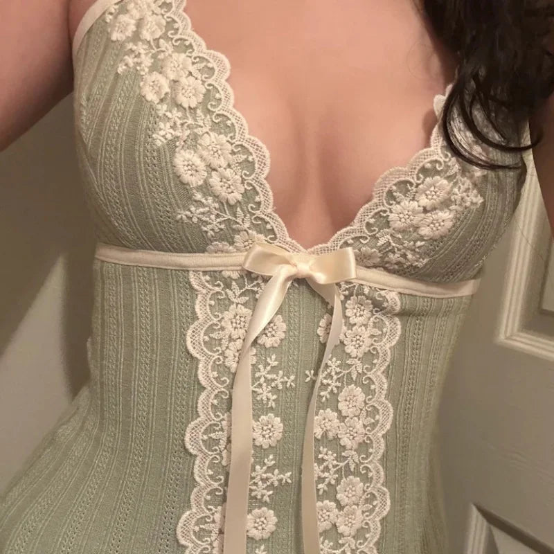 Coquette Tank Top,   Womens  Lace Floral V- Neck,  Sleeveless with Bow Aesthetic