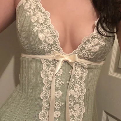 Coquette Tank Top,   Womens  Lace Floral V- Neck,  Sleeveless with Bow Aesthetic