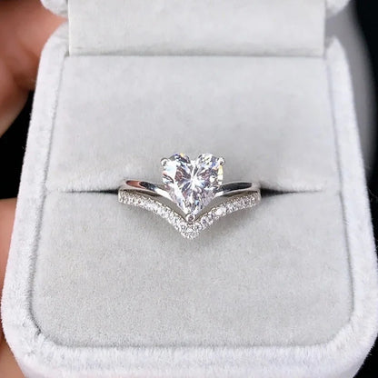 Delicate Silver Color  with White Zircon Stones.   Heart Rings for Women for Fashion, Bridal, Engagement, Wedding Ring Set