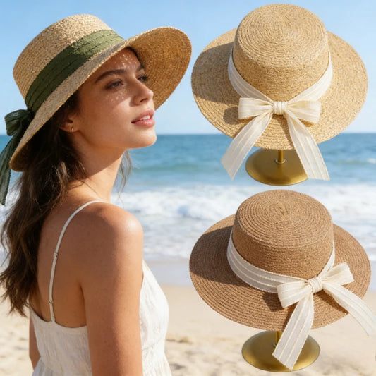 Womens  Summer  " Sweet Bucket " Hat.  Breathable,  Sun Hat with  Elegant Flat Top, Bowknot, Casual