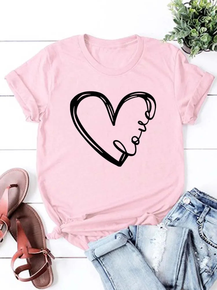 Love Heart Printed Trend,  Womens,Fashion Clothing,  Graphic T-shirts , Female Short Sleeve,Casual Tee