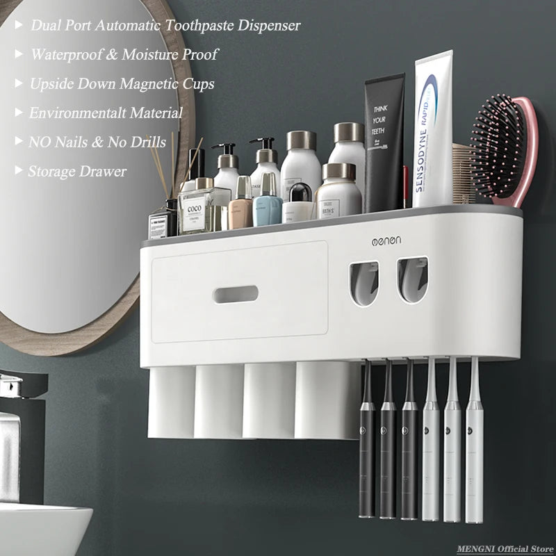 Magnetic Adsorption Inverted Toothbrush Holder/Wall /Automatic Toothpaste Squeezer, Storage Rack for  Bathroom Accessories