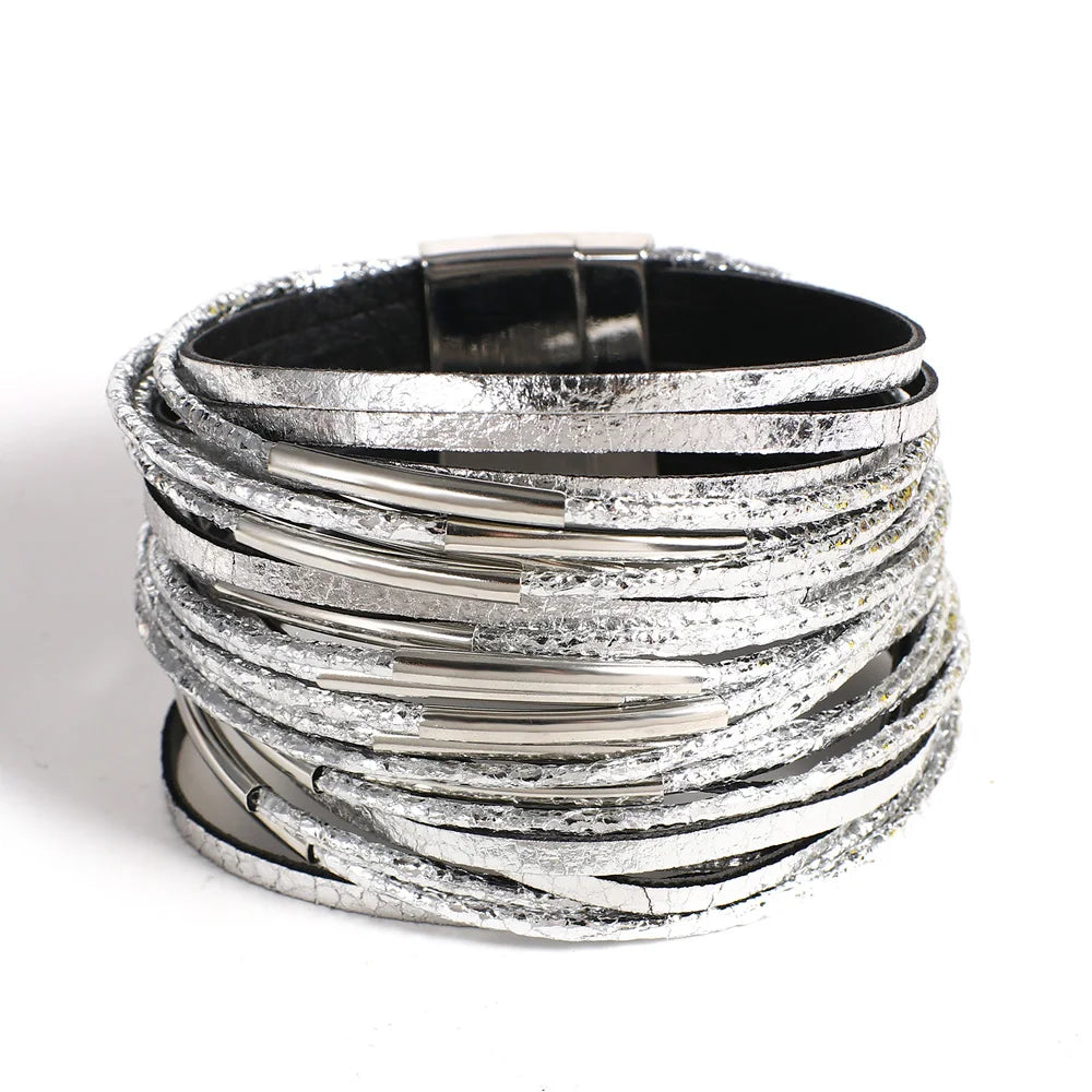Trendy Metal Tube Leather Bracelet for Women /Men.  Chunky Glitter Filled Slim Multilayer Wrap Wide Bracelets. Nice JewelryGift