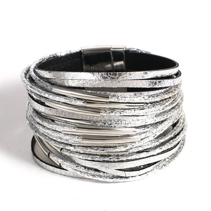 Trendy Metal Tube Leather Bracelet for Women /Men.  Chunky Glitter Filled Slim Multilayer Wrap Wide Bracelets. Nice JewelryGift