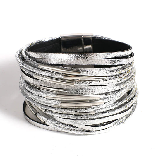 Trendy Metal Tube Leather Bracelet for Women /Men.  Chunky Glitter Filled Slim Multilayer Wrap Wide Bracelets. Nice JewelryGift