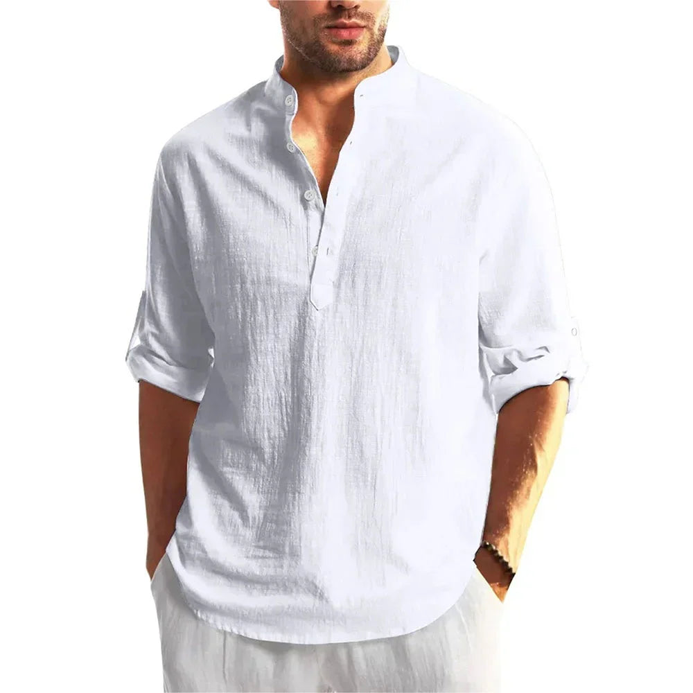 Autumn Men's Cotton /Linen Long Sleeve T-shirt Solid Color Henley Collar Lightweight Breathable Men's Casual Button Top