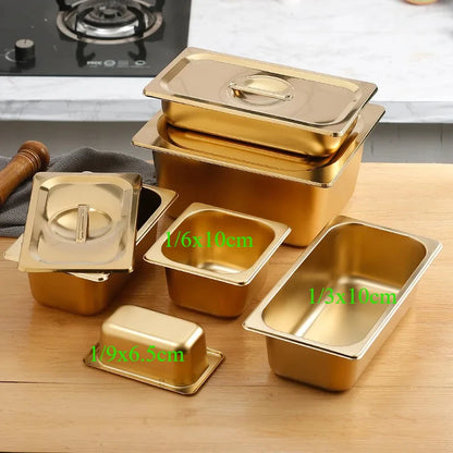 Golden Food Buffet Basin Plates, 304 Stainless Steel Square Pots, Tray Dishes,  Sauce Box, Jam Boxes, Canteen, Fast Food Truck Dish