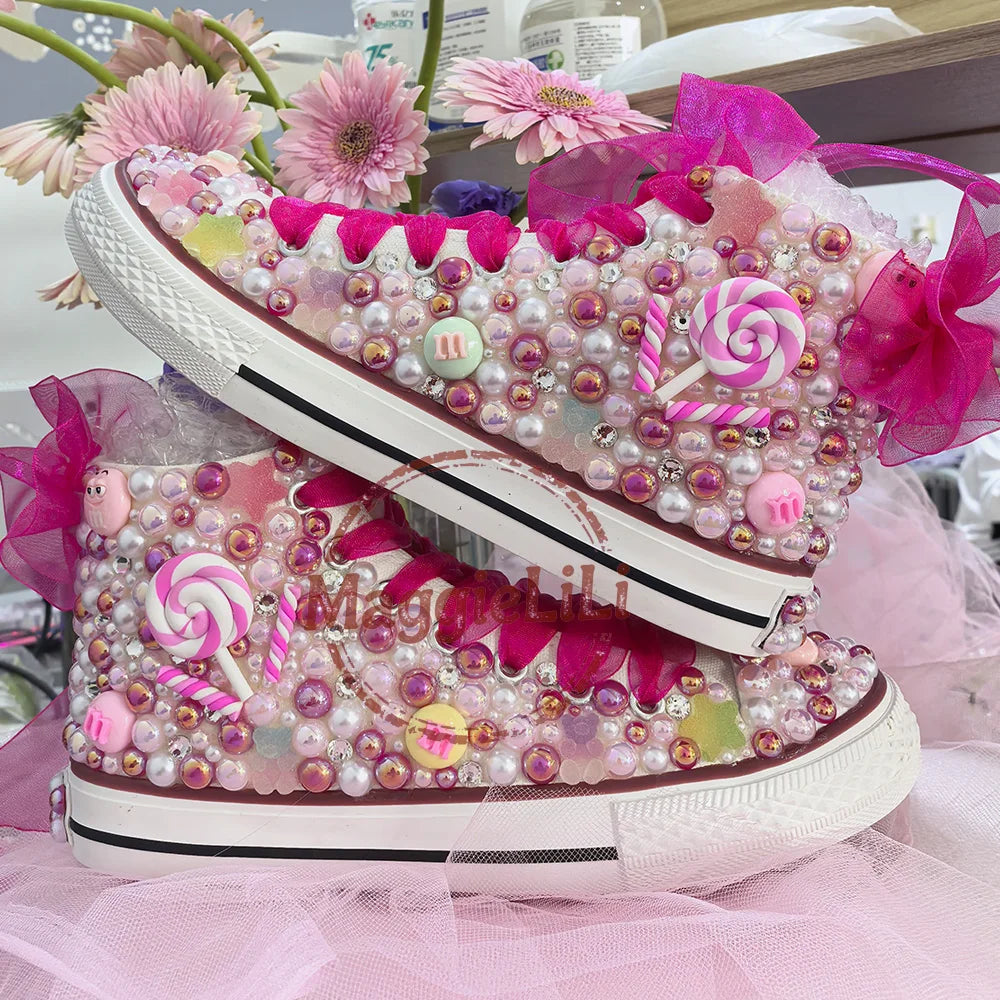 Handmade Rhinestones and Bling.  Girls/ Womens /Kids And Mother.   Candy Canvas Shoes.  Pearl Sneakers For Girls Birthday /Christmas Gift