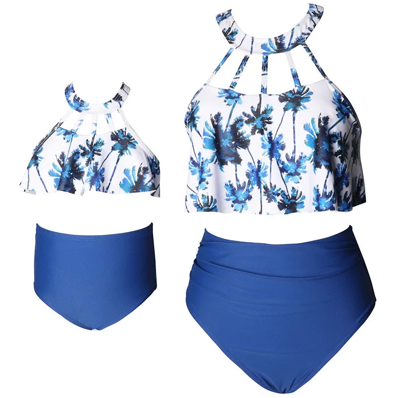 Ruffled Mother /Daughter Matching Swimsuits,  O-Neck,  Mom /Baby,  Woman /Girls Swimwear