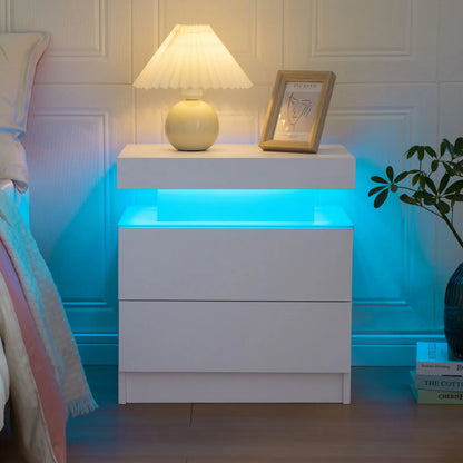 Cube LED Nightstand with 2 Drawers, End Table with RGB LED Lights for Bedroom, Living Room, in White