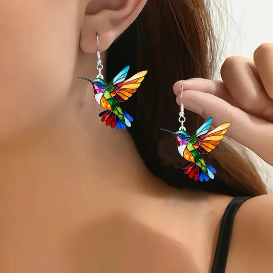 Acrylic Hummingbird Earrings For Women.  Retro Style Colorful Bird Drop Earrings.