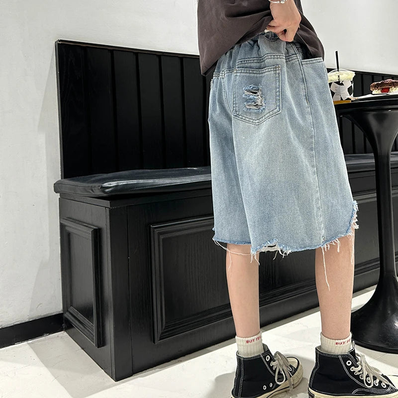 Girls' Denim Shorts for Kids .  Lightweight,  Five-Inch,  Loose-Fit,  Summer Pants for Big Kids.  Stylish Children's Shorts