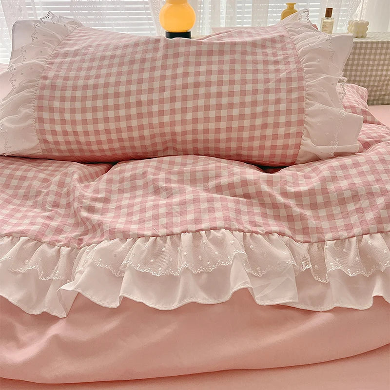 3 Piece Sheet Set  pink checked, Gingham Pattern,  duvet cover Set.  Comfortable Bedding Set for All Seasons
