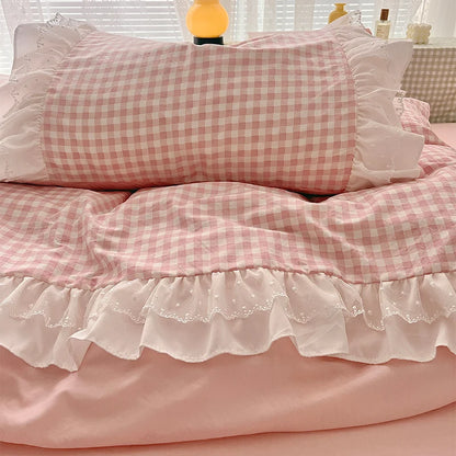 3 Piece Sheet Set  pink checked, Gingham Pattern,  duvet cover Set.  Comfortable Bedding Set for All Seasons