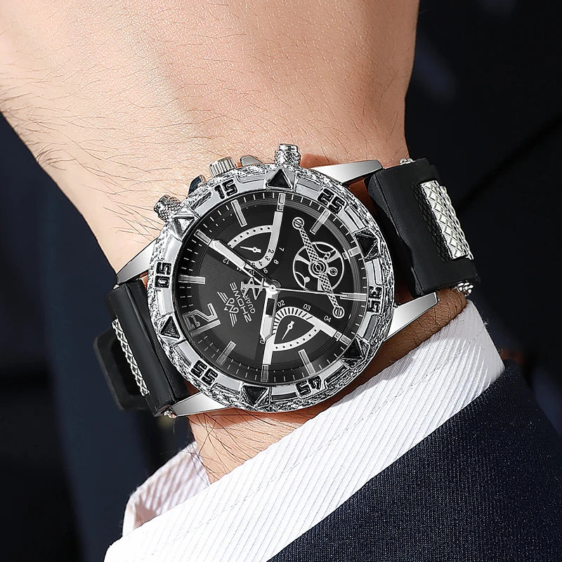 4PCS Fashion Arabic Dial Men s Business Quartz Watch with Casual Silicone Strap  on Wristwatch and including the 3- piece Necklace Set.(Without Box)All styles are available as I am typing.  This attractive set can easily be g