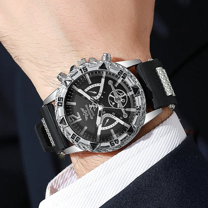4PCS Fashion Arabic Dial Men s Business Quartz Watch with Casual Silicone Strap  on Wristwatch and including the 3- piece Necklace Set.(Without Box)All styles are available as I am typing.  This attractive set can easily be g