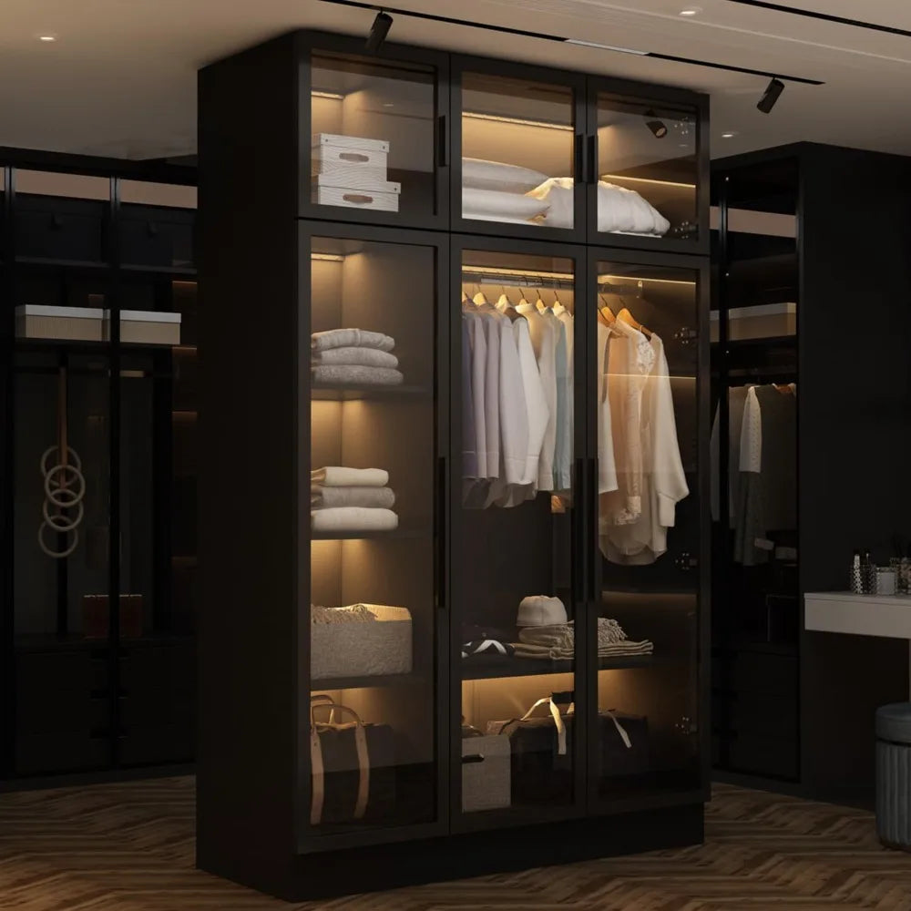 Wardrobe Cabinet with LED Lights, Armoire Closet with Glass Doors, Large Wooden Wardrobe with Hanging Rod & 5 Tier Shelves