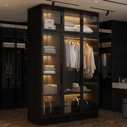 Wardrobe Cabinet with LED Lights, Armoire Closet with Glass Doors, Large Wooden Wardrobe with Hanging Rod & 5 Tier Shelves