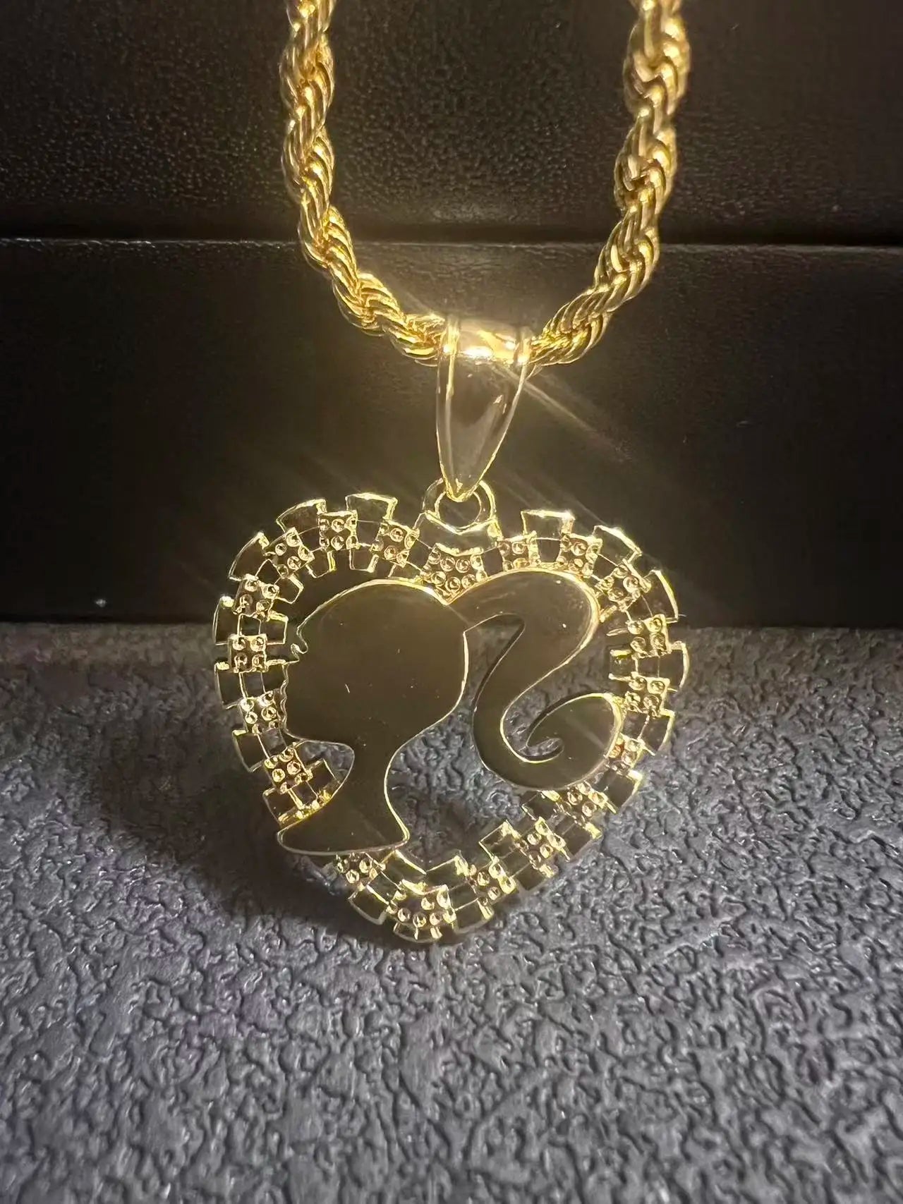 18K Gold Filled Rope Chain Necklace Nugget Heart Pendant
