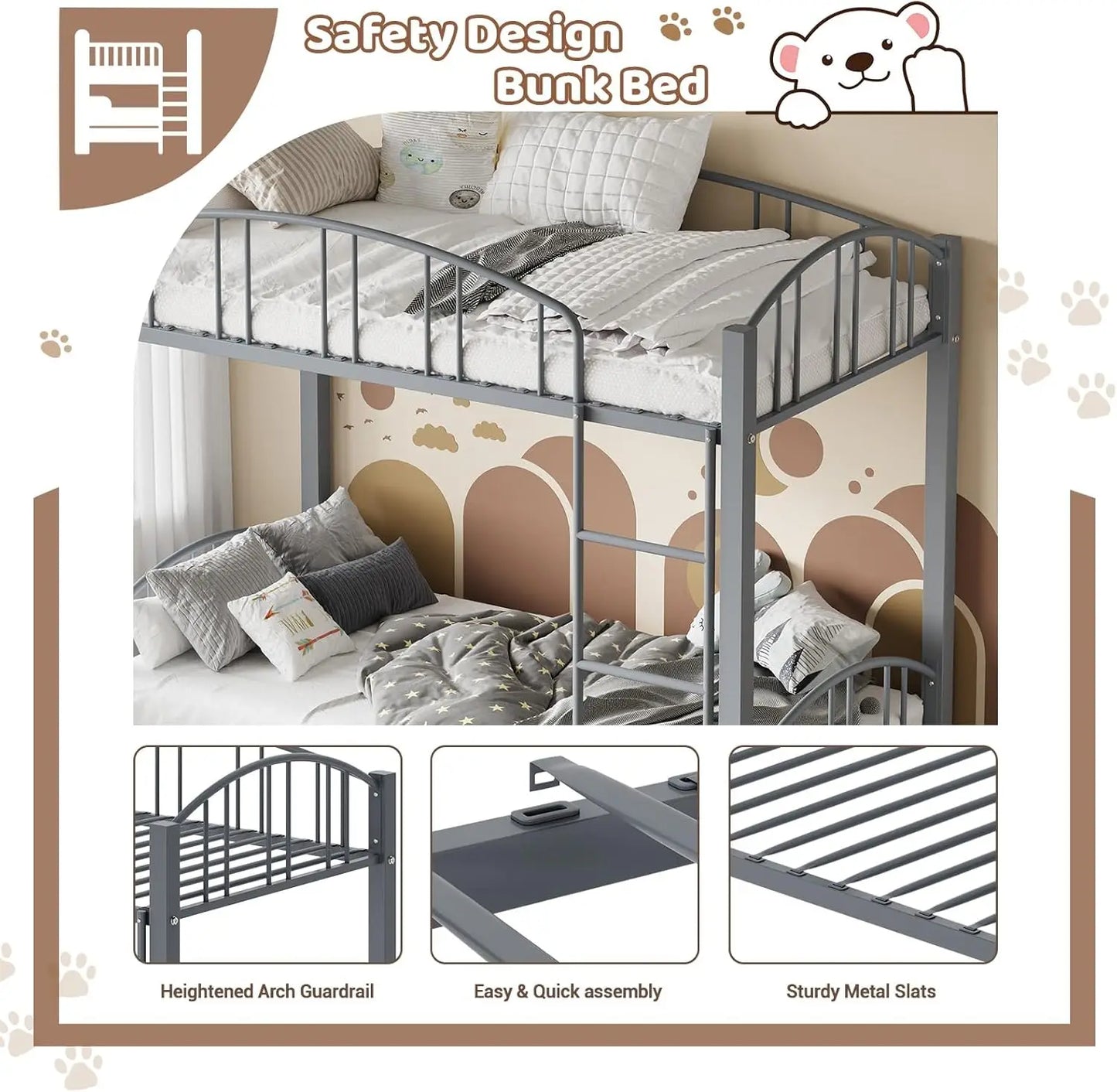 Metal Loft Bed Bunk Beds,  Twin Over Full Size with Heightened Safety Guardrail & Ladder, for School, Bedroom, Twin Size Grey